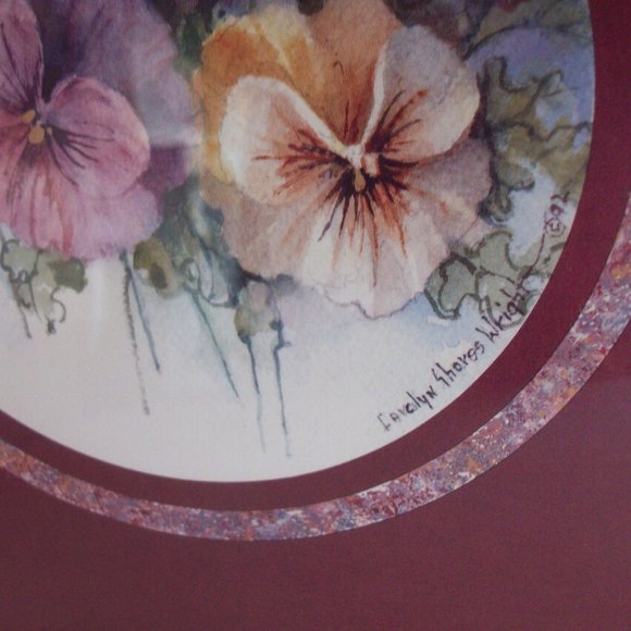 Vintage 1990s Carolyn Shores Wright Framed Print Floral Flowers Pansy Pansies - Picture 4 of 5